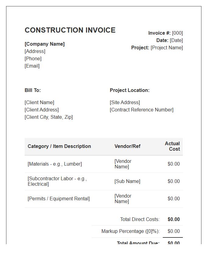 Cost Plus Percentage Construction Invoice Template