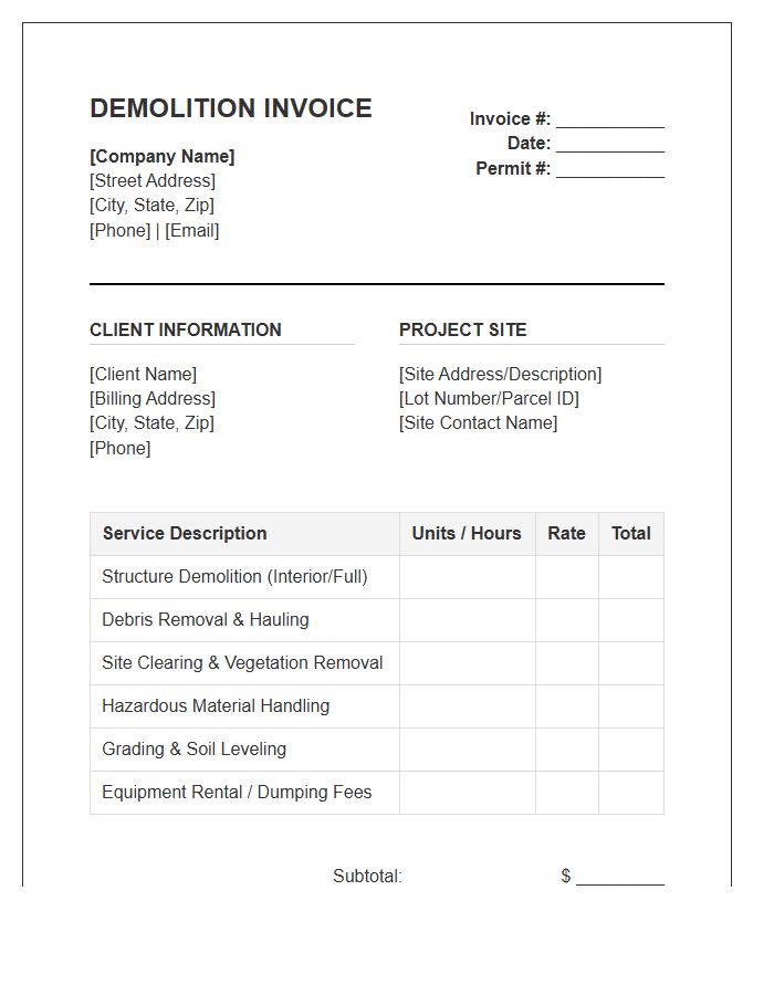 Demolition And Site Clearing Invoice Template