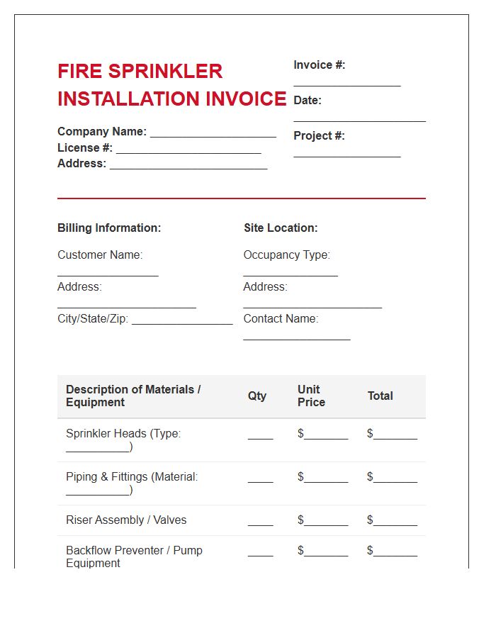 Fire Sprinkler System Installation Invoice Template