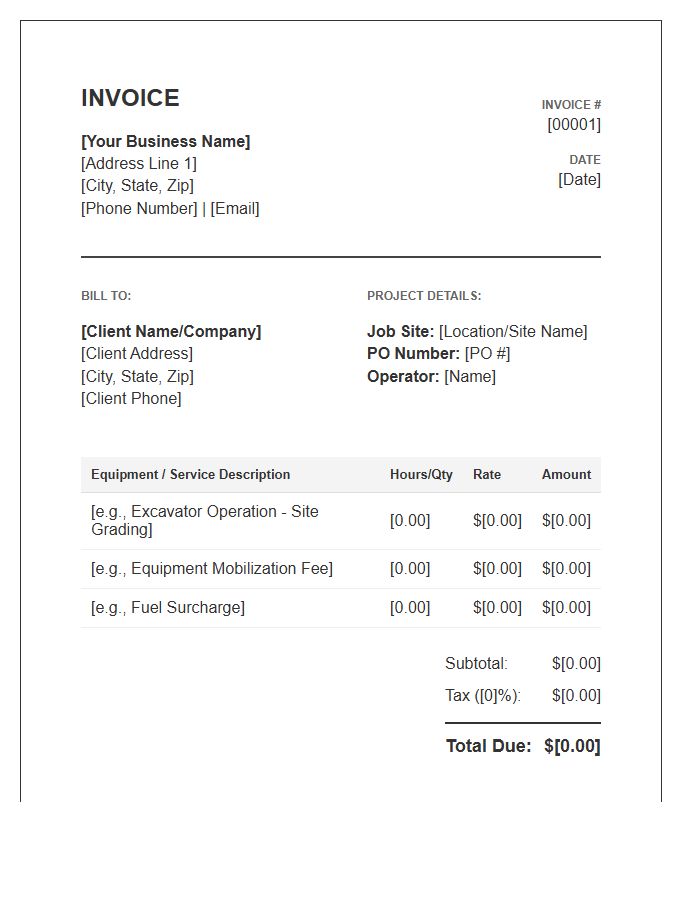 Heavy Equipment Operator Services Invoice Template