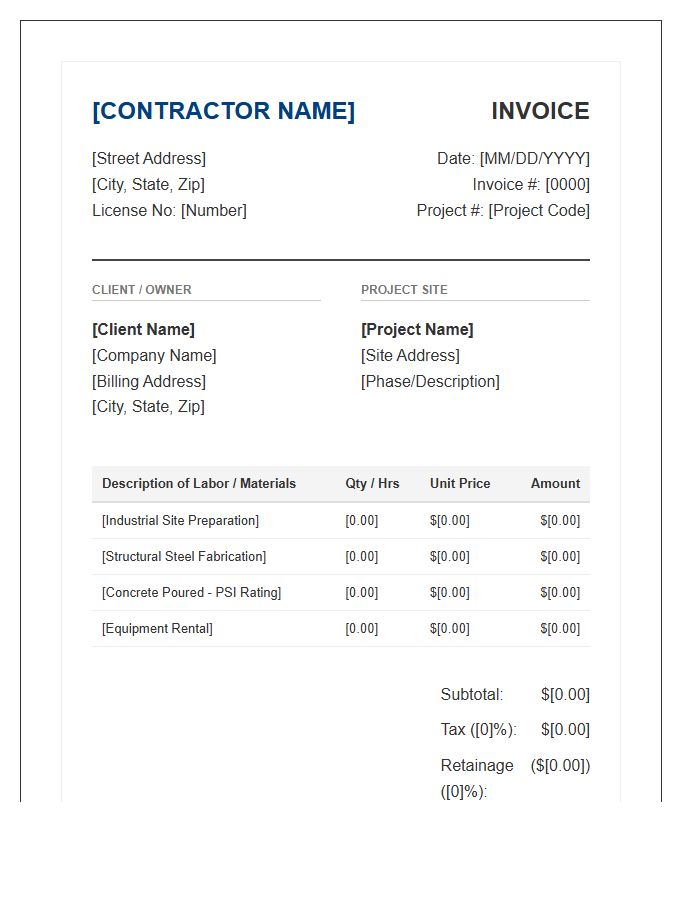 Industrial Building Contractor Billing Invoice Template