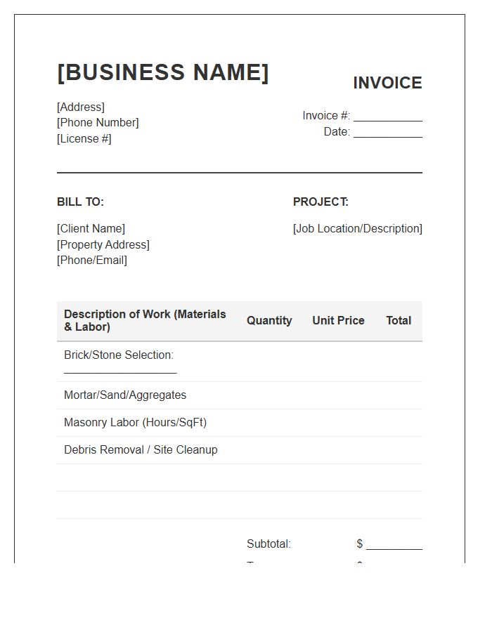 Masonry And Brickwork Contractor Invoice Template