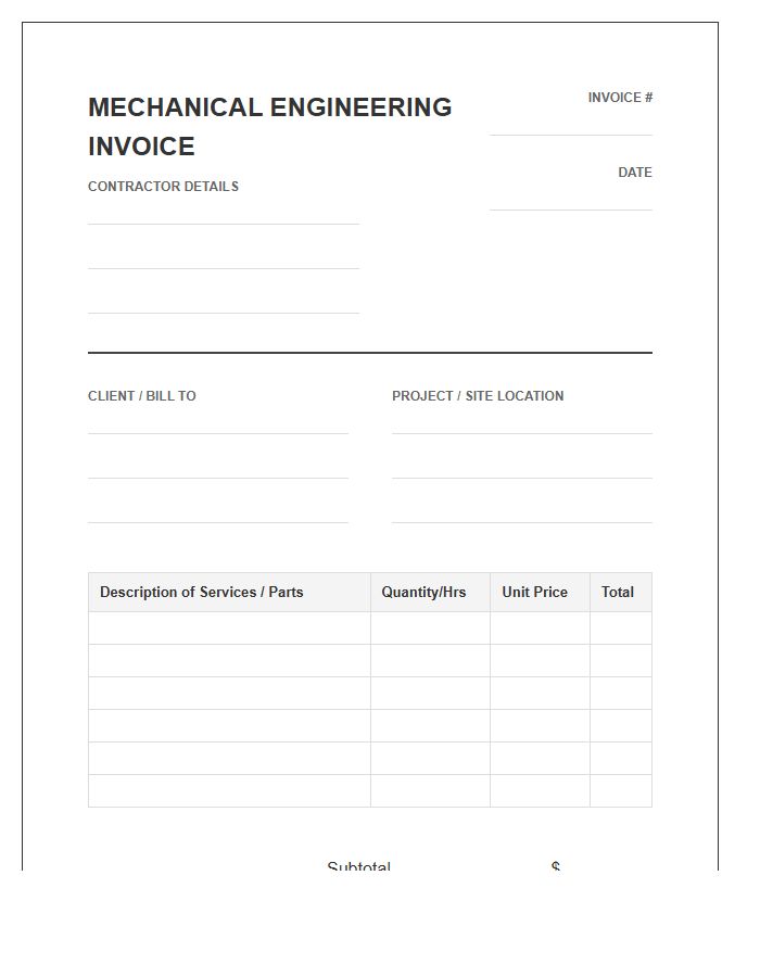 Mechanical Systems Engineering Contractor Invoice Template