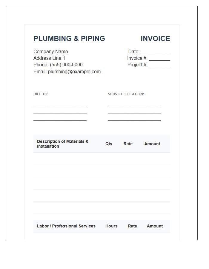 Plumbing And Piping Installation Invoice Template