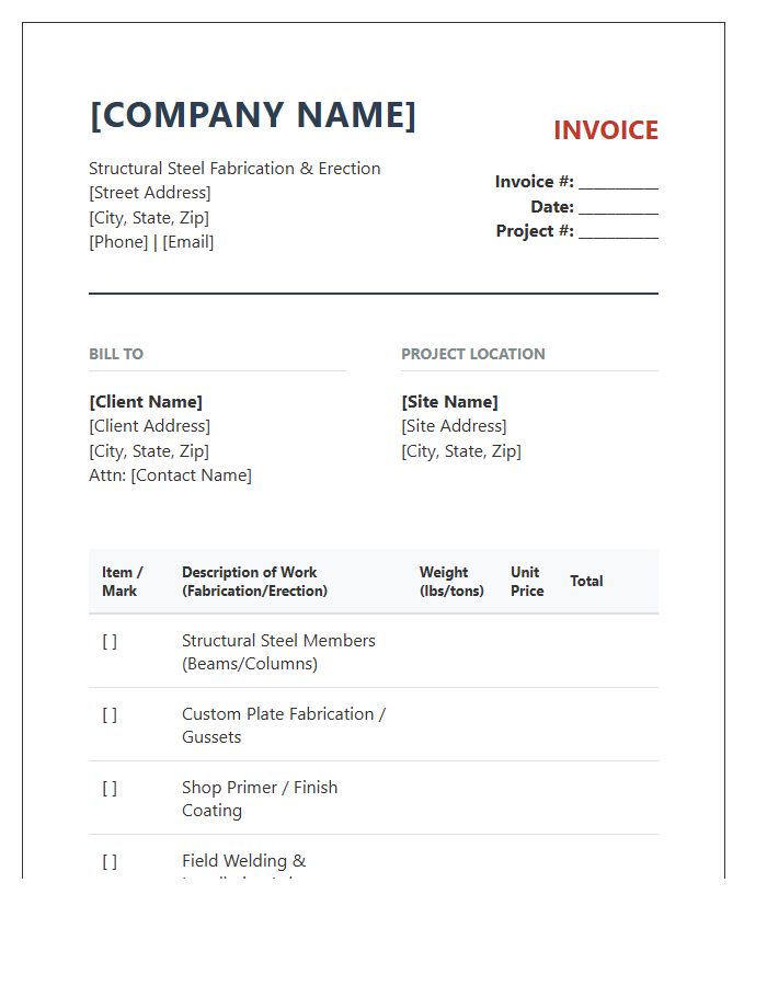 Structural Steel Fabrication Contractor Invoice Template