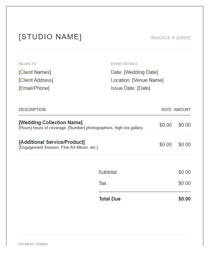 Boutique Wedding Photography Invoice Template