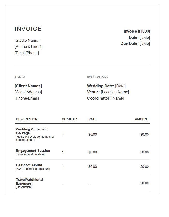 Commercial Wedding Photography Invoice Template