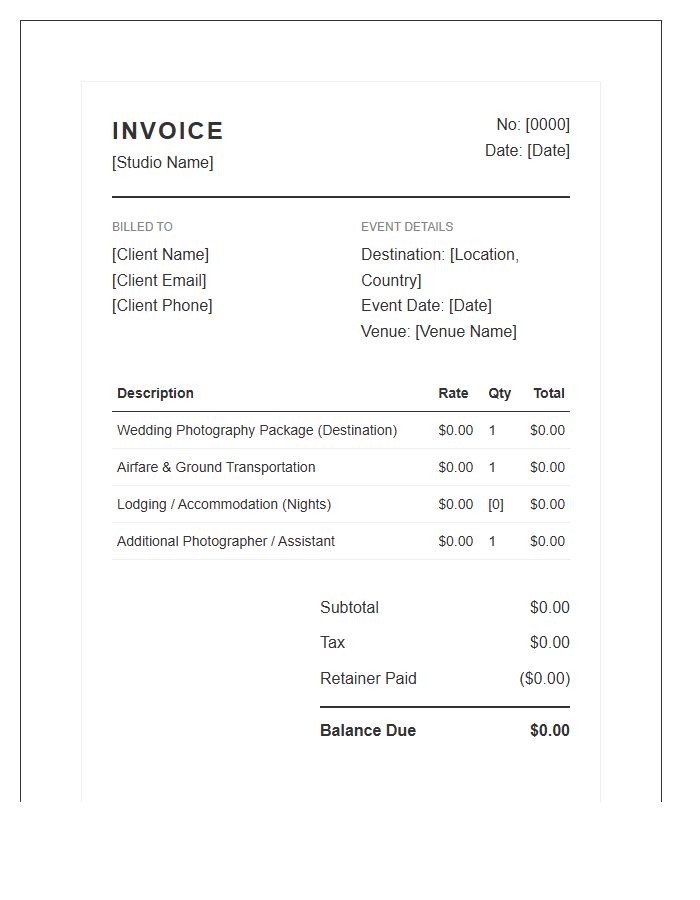 Destination Wedding Photography Invoice Template