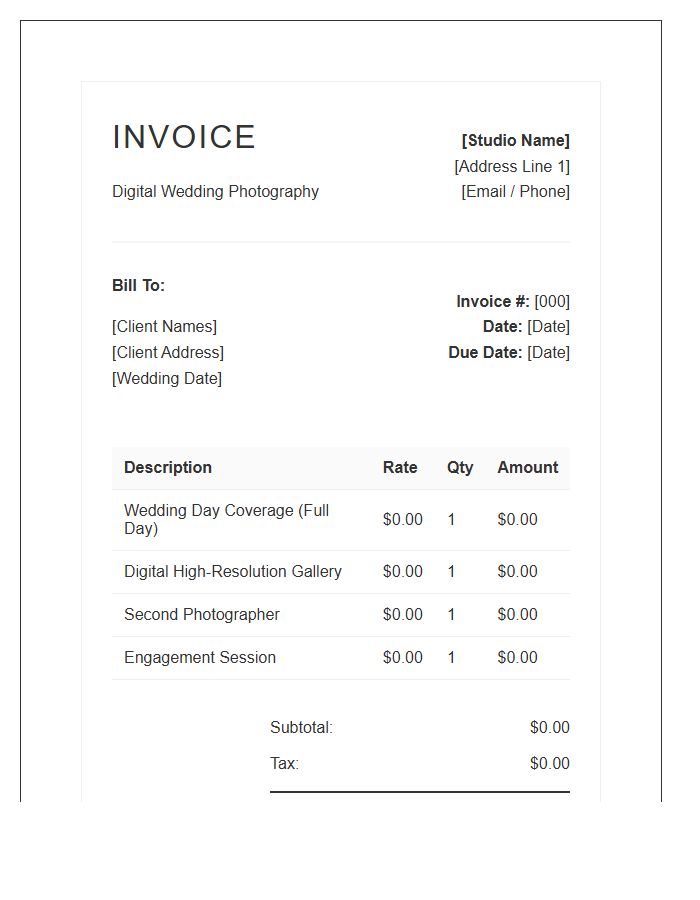 Digital Wedding Photography Invoice Template