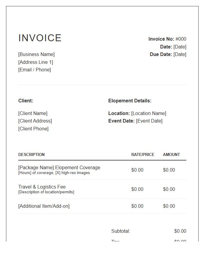 Elopement Photography Invoice Template