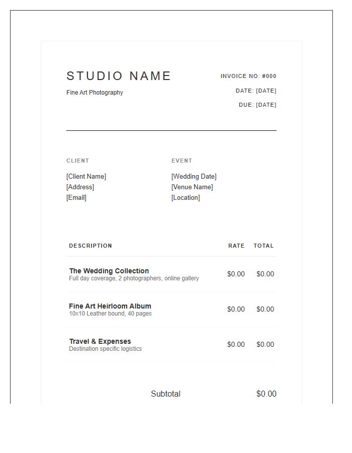 High End Wedding Photography Invoice Template