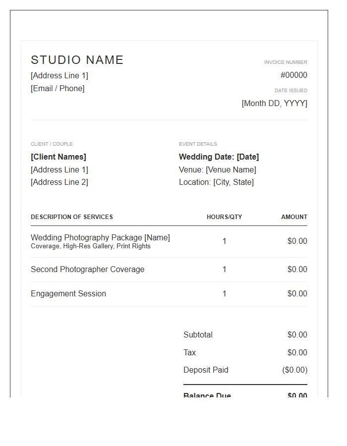 Independent Wedding Photographer Invoice Template