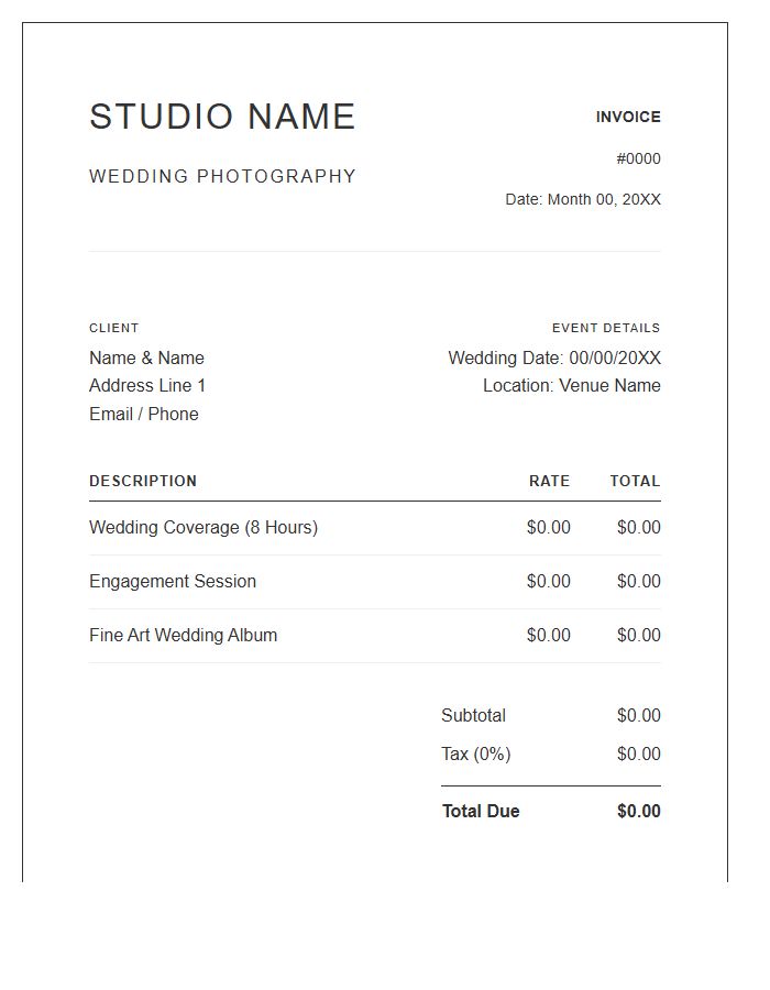 Minimalist Wedding Photography Invoice Template