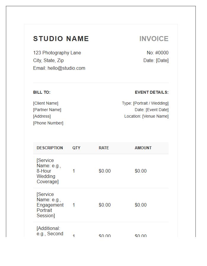 Portrait And Wedding Photography Invoice Template