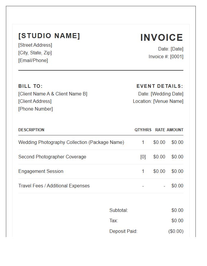 Professional Photographer Wedding Service Invoice Template