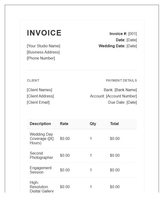 Standard Wedding Photography Billing Invoice Template