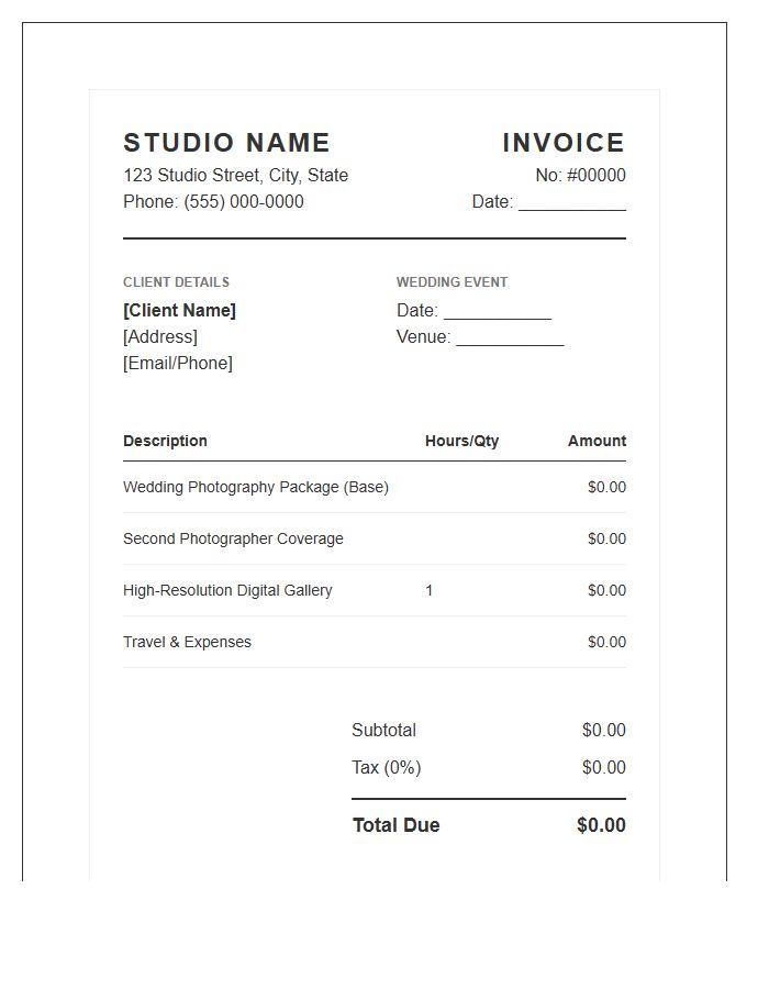 Studio Wedding Photography Invoice Template