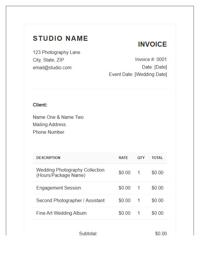 Wedding Photography Business Invoice Template