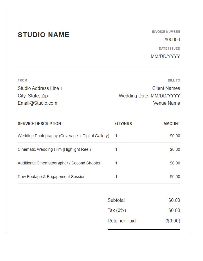 Wedding Videography And Photography Invoice Template