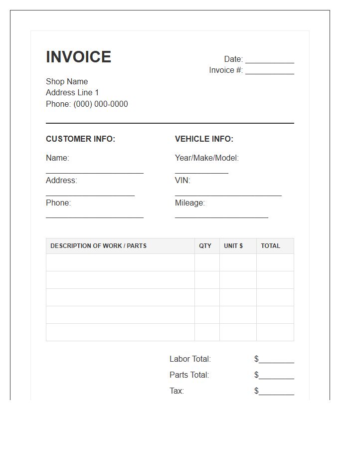 Auto Body And Mechanical Invoice Template