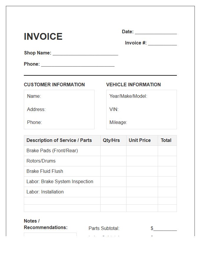 Automotive Brake Repair Service Invoice Template