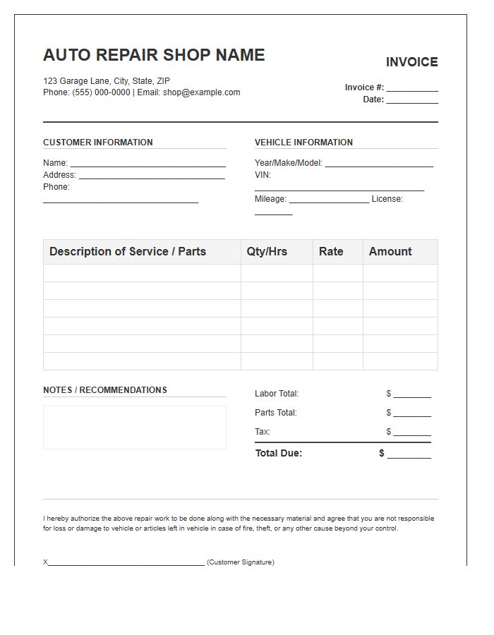 Automotive Mechanical Repair Service Invoice Template