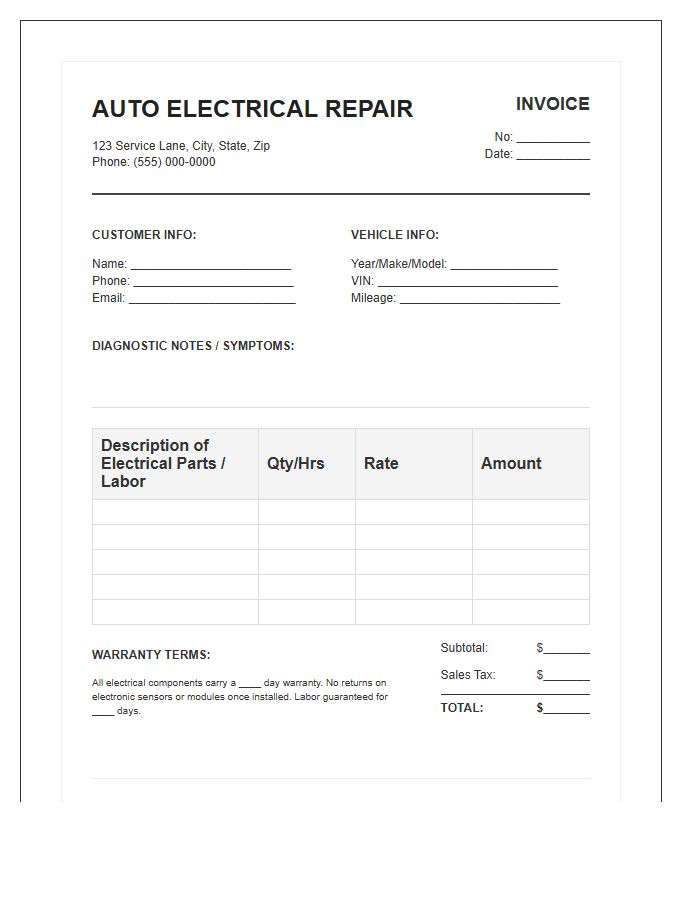 Car Electrical System Repair Invoice Template