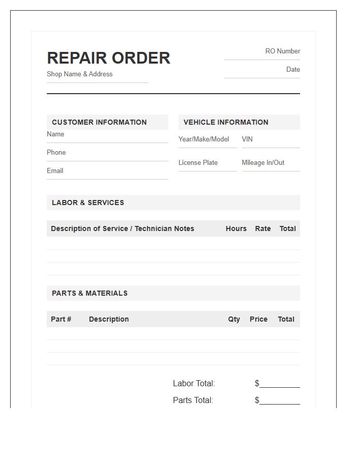 Certified Mechanic Repair Order Invoice Template