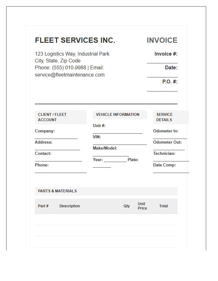 Comprehensive Fleet Maintenance Repair Invoice Template
