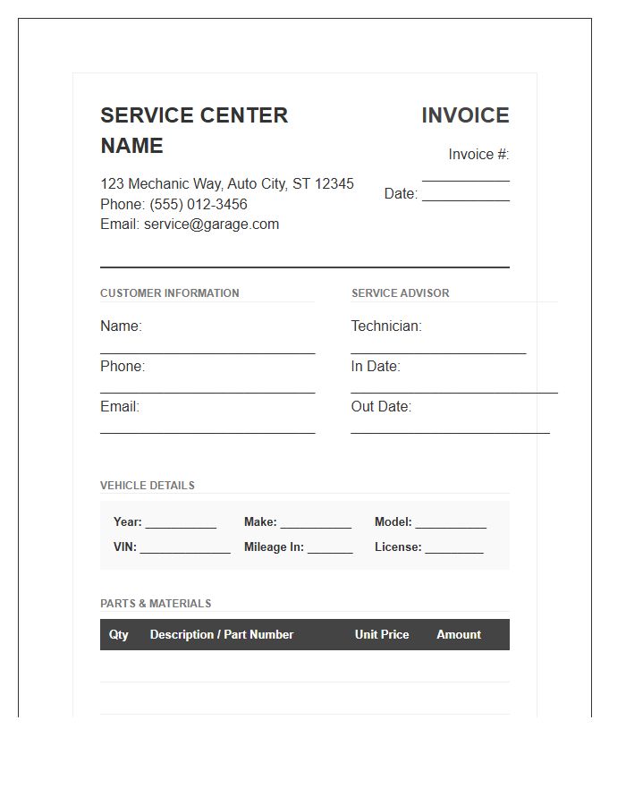 Detailed Car Mechanical Work Invoice Template