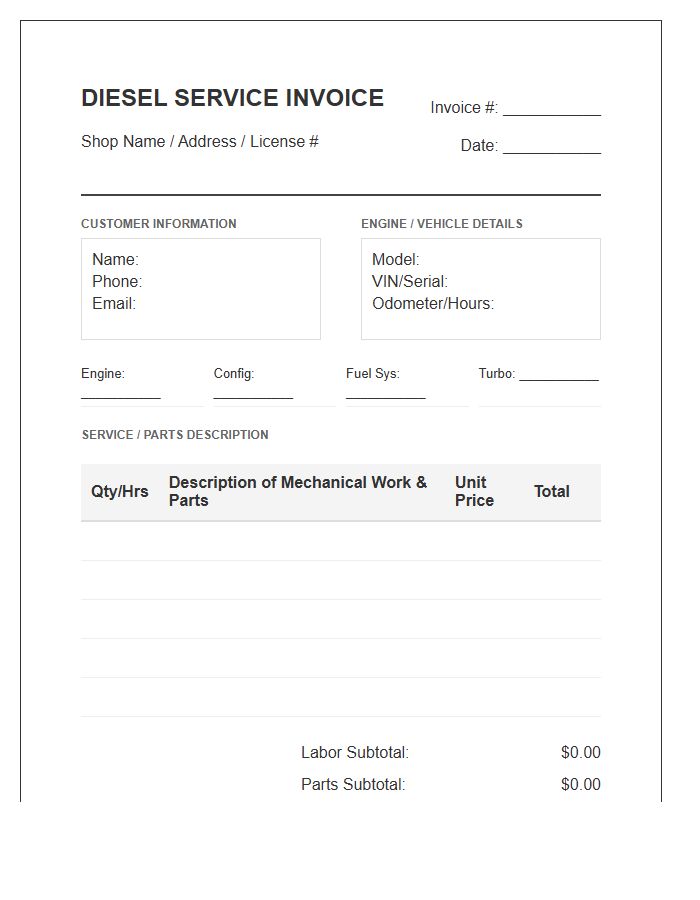 Diesel Engine Mechanical Service Invoice Template