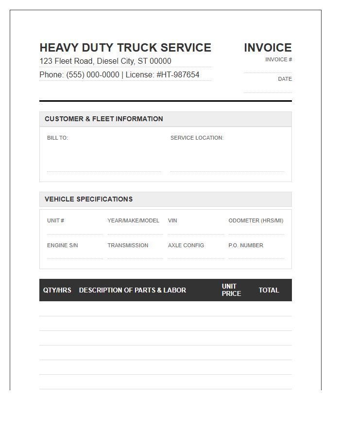 Heavy Duty Truck Mechanical Invoice Template
