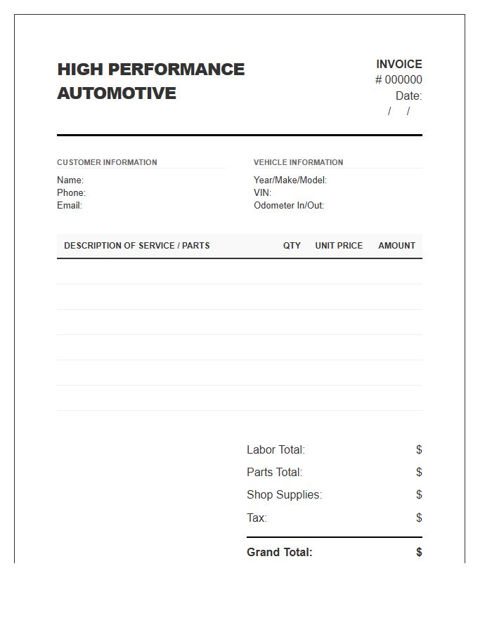 High Performance Automotive Repair Invoice Template