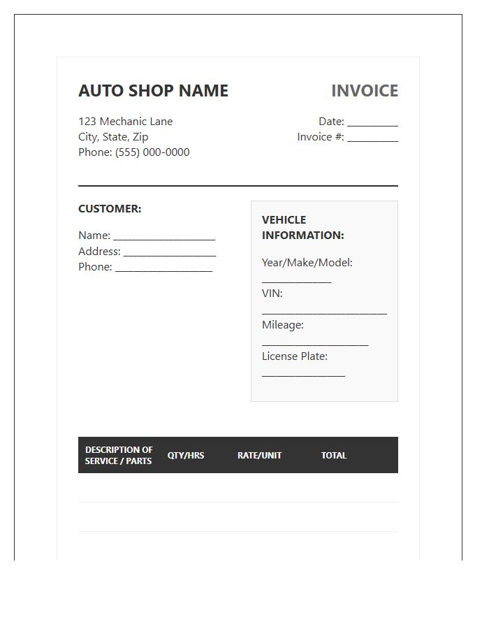 Professional Auto Mechanic Billing Invoice Template