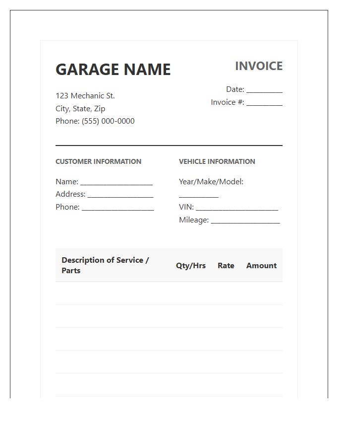 Professional Garage Mechanical Repair Invoice Template