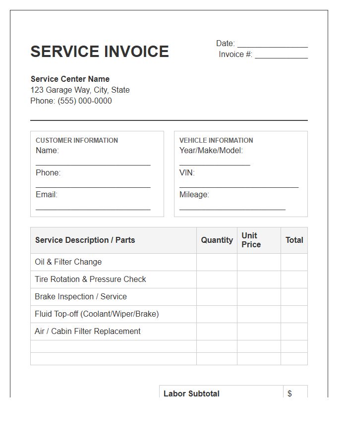 Routine Vehicle Maintenance Service Invoice Template