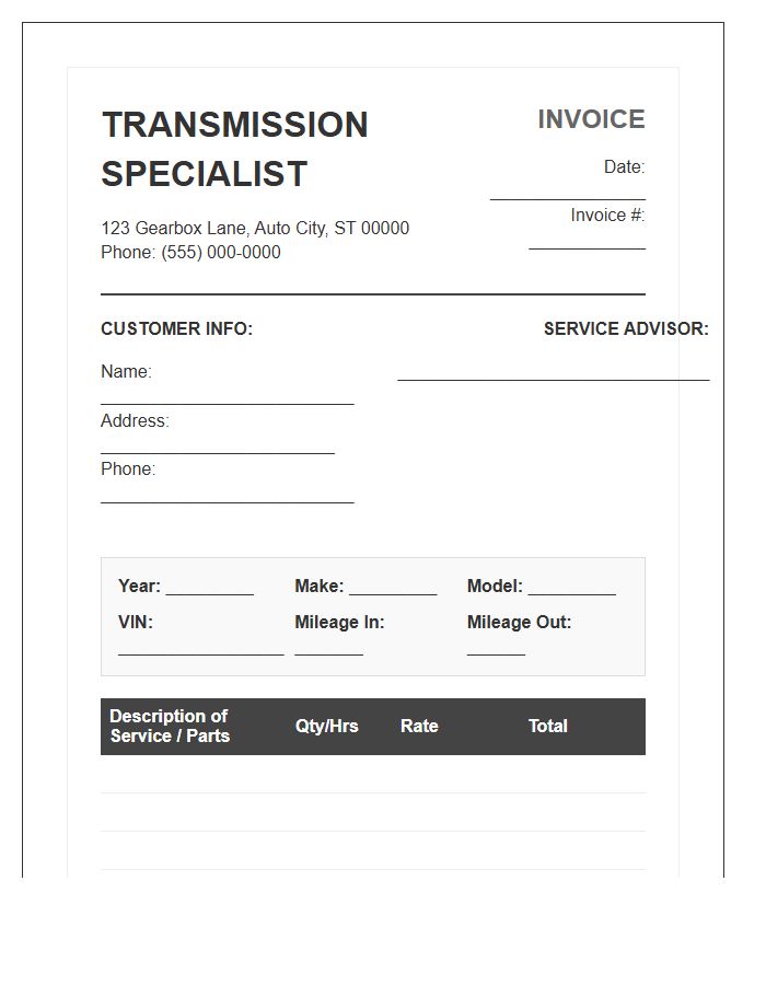 Transmission Specialist Service Bill Invoice Template