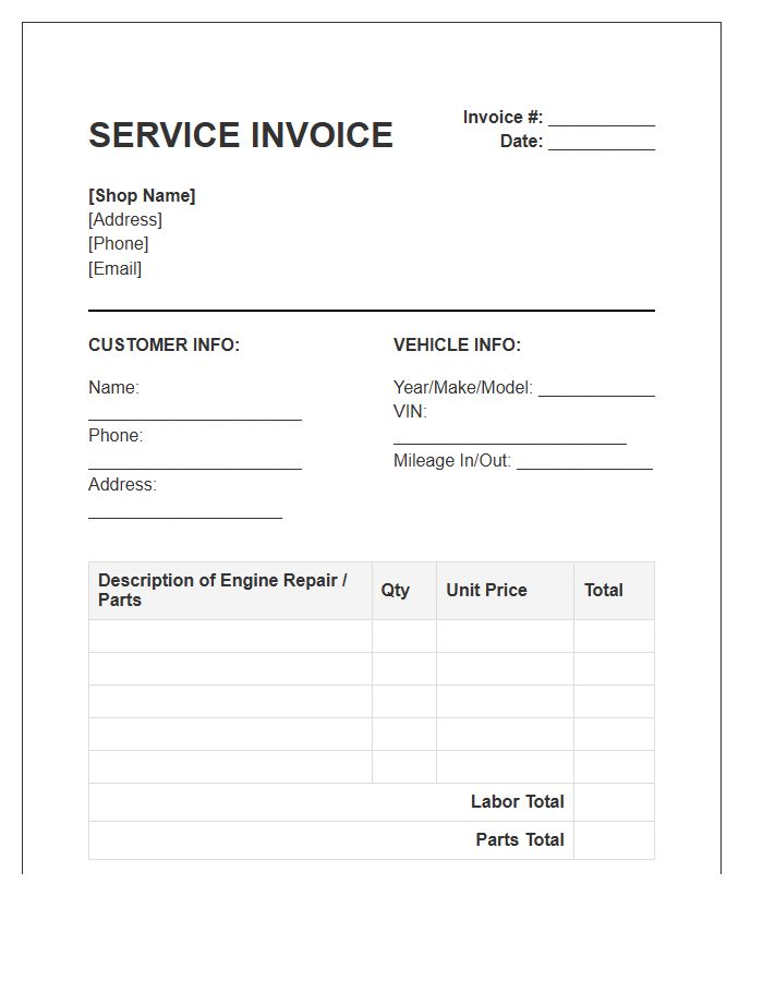 Vehicle Engine Repair Service Invoice Template