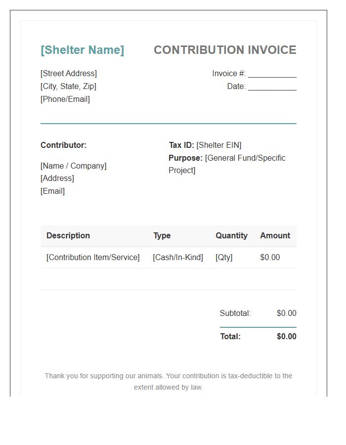 Animal Shelter Contribution Invoice Template
