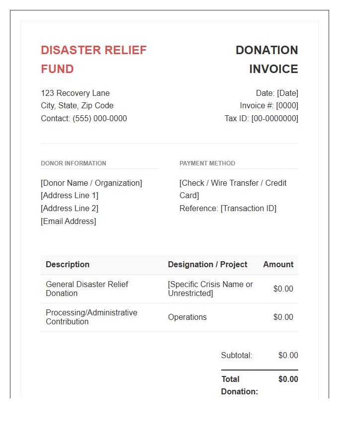 Disaster Relief Fund Donation Invoice Template