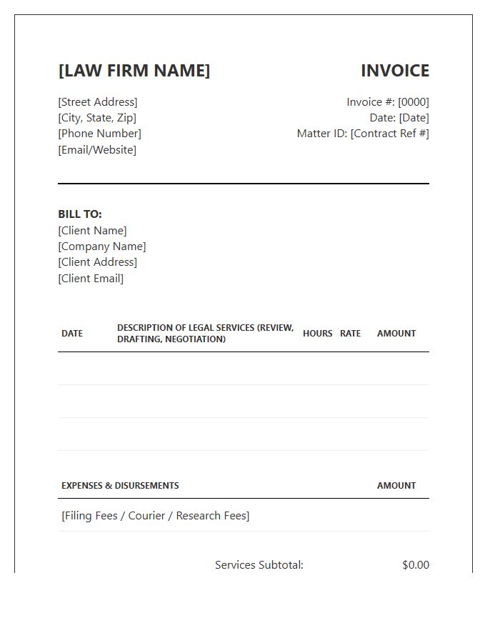 Contract Law Attorney Invoice Template