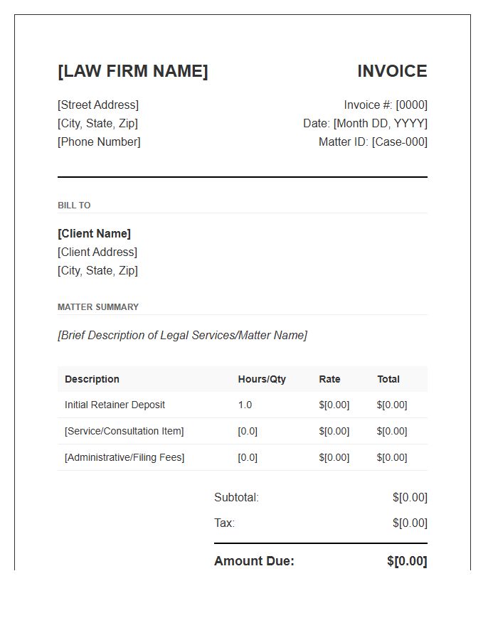 Private Attorney Retainer Invoice Template