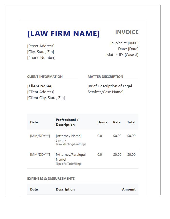 Professional Law Practice Invoice Template
