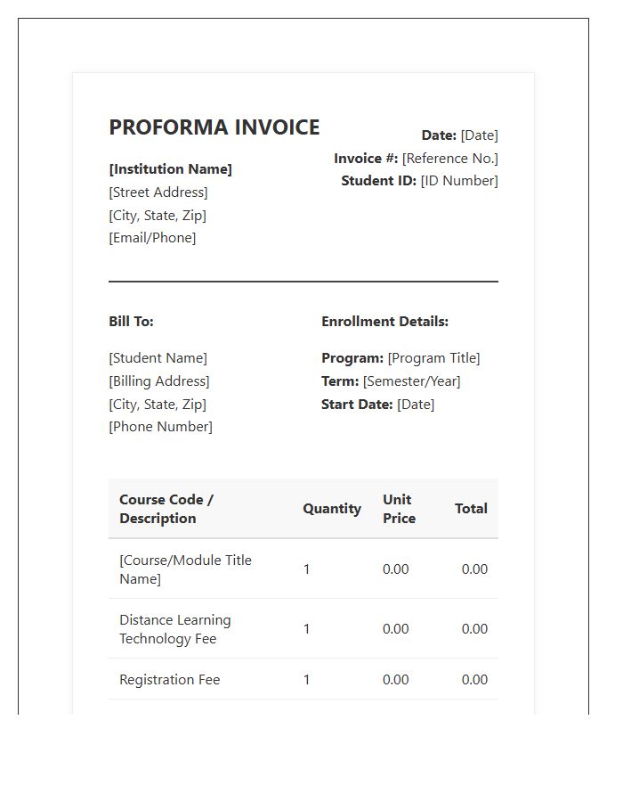 Distance Learning Enrollment Proforma Invoice Template