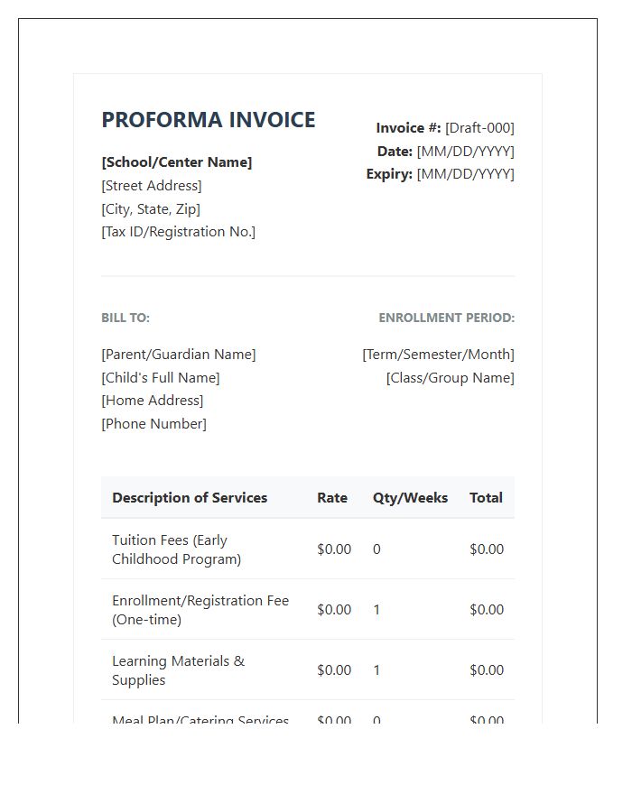 Early Childhood Education Proforma Invoice Template
