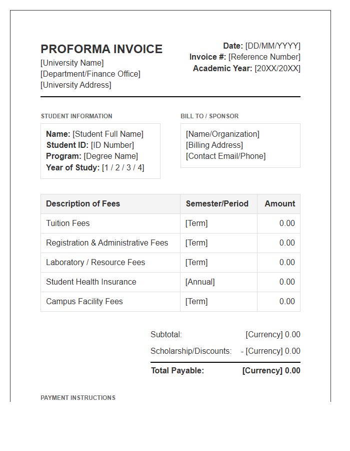 Higher Education Tuition Proforma Invoice Template
