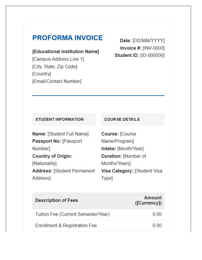 International Student Visa Proforma Invoice Template