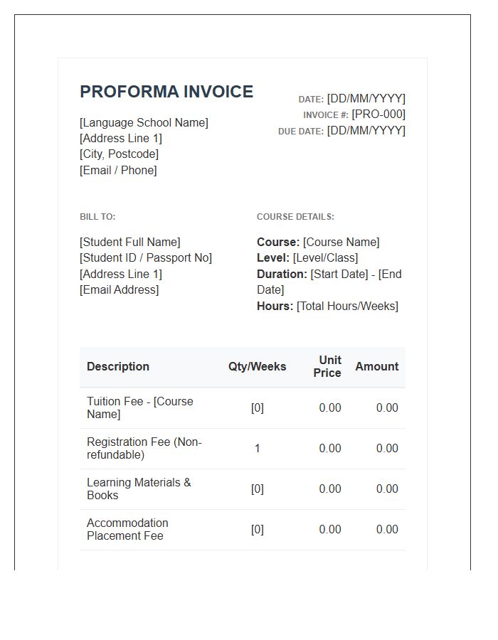 Language School Course Proforma Invoice Template