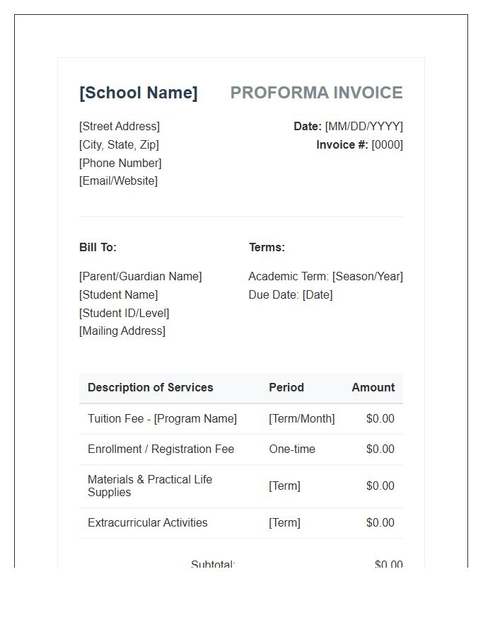 Montessori School Tuition Proforma Invoice Template