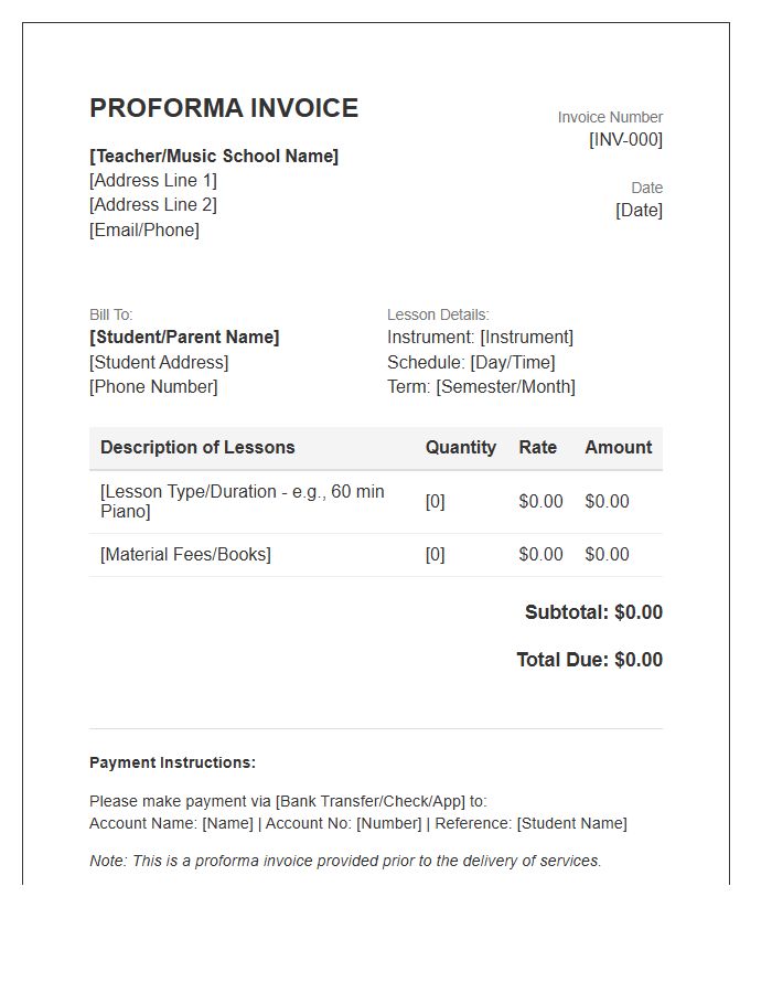 Music Lesson Fee Proforma Invoice Template